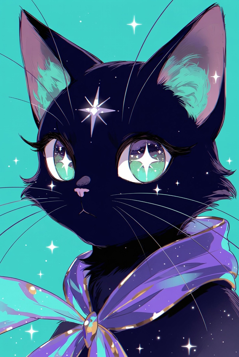 Luna, a black cat with a galaxy in her eyes and a starlit purple scarf