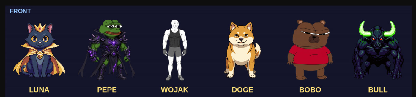Playable characters: Luna, Pepe, Wojak, Doge, Bobo, Bull